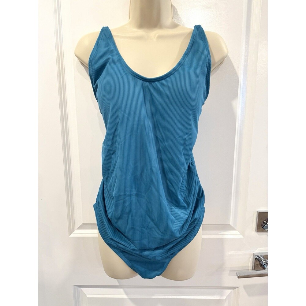 PinkBlush Teal Ribbed Ruched One-Piece Maternity Swimsuit - Large - Picture 3 of 14